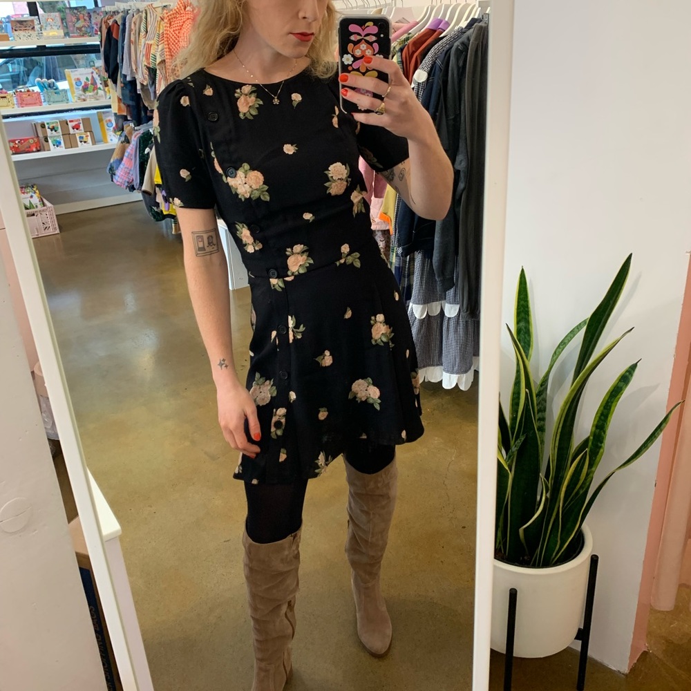 Reformation Black Floral Print Mini Dress with Buttons